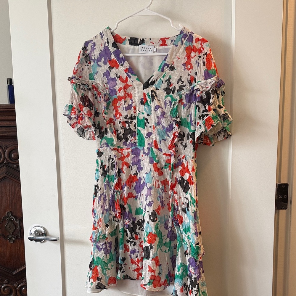 Tanya Taylor Multicolor Floral Print Ruffle-Sleeve Dress